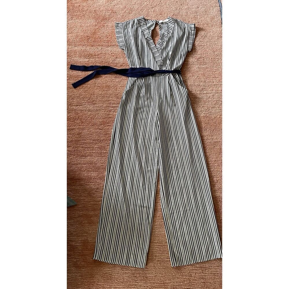 Monteau Navy Striped Short Sleeve Jumpsuit Romper w/Belt & Pockets Size XS